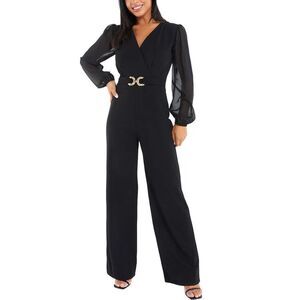 Quiz Womens Jumpsuit 12 Chiffon Buckle Palazzo Black